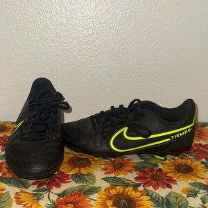 Nike Tiempo Black and Neon Yellow Cleats size 3Y